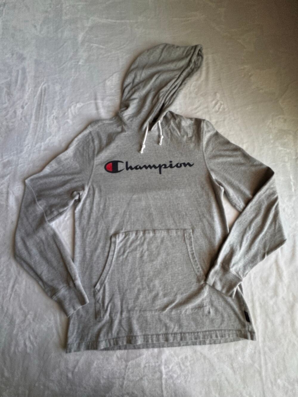 Champion Mens Size M Gray Script Logo Lightweight T-Shirt Pullover Hoodie Shirt - Picture 1 of 9